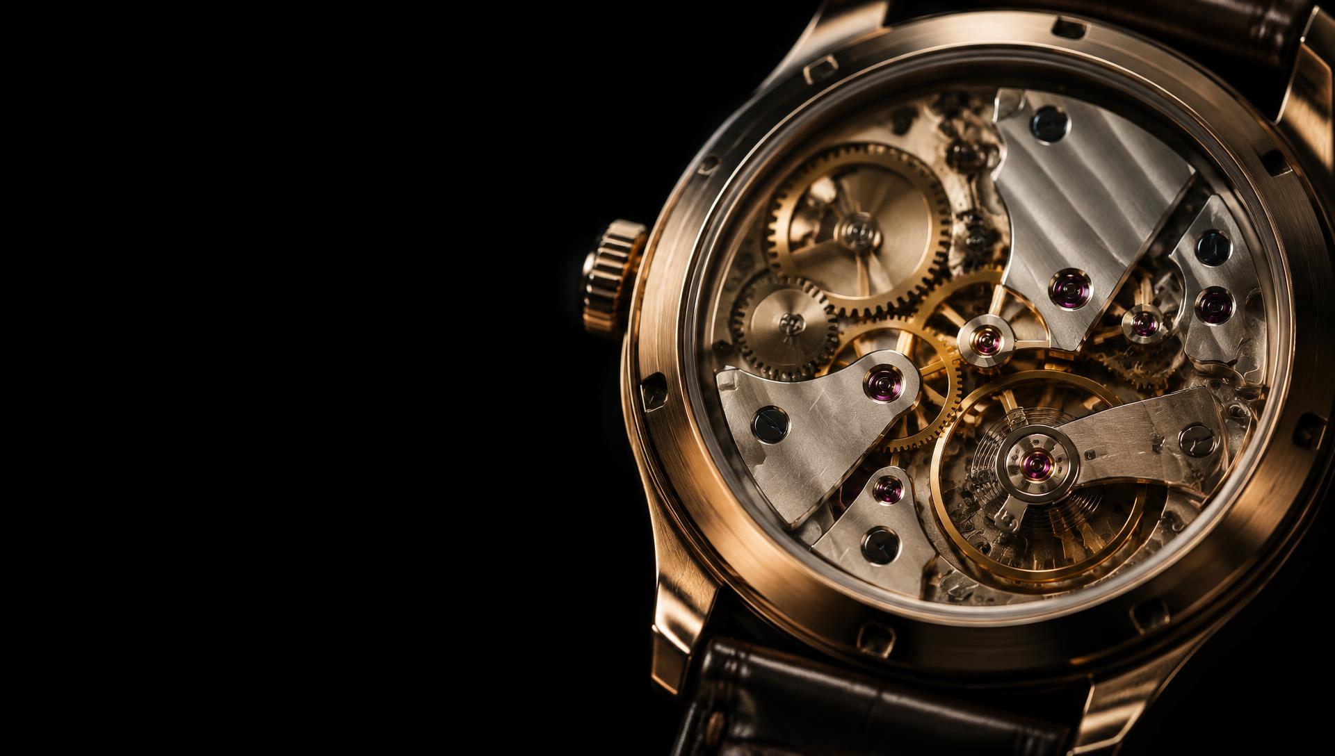 Close-up of a mechanical watch movement with gold gears and jewels