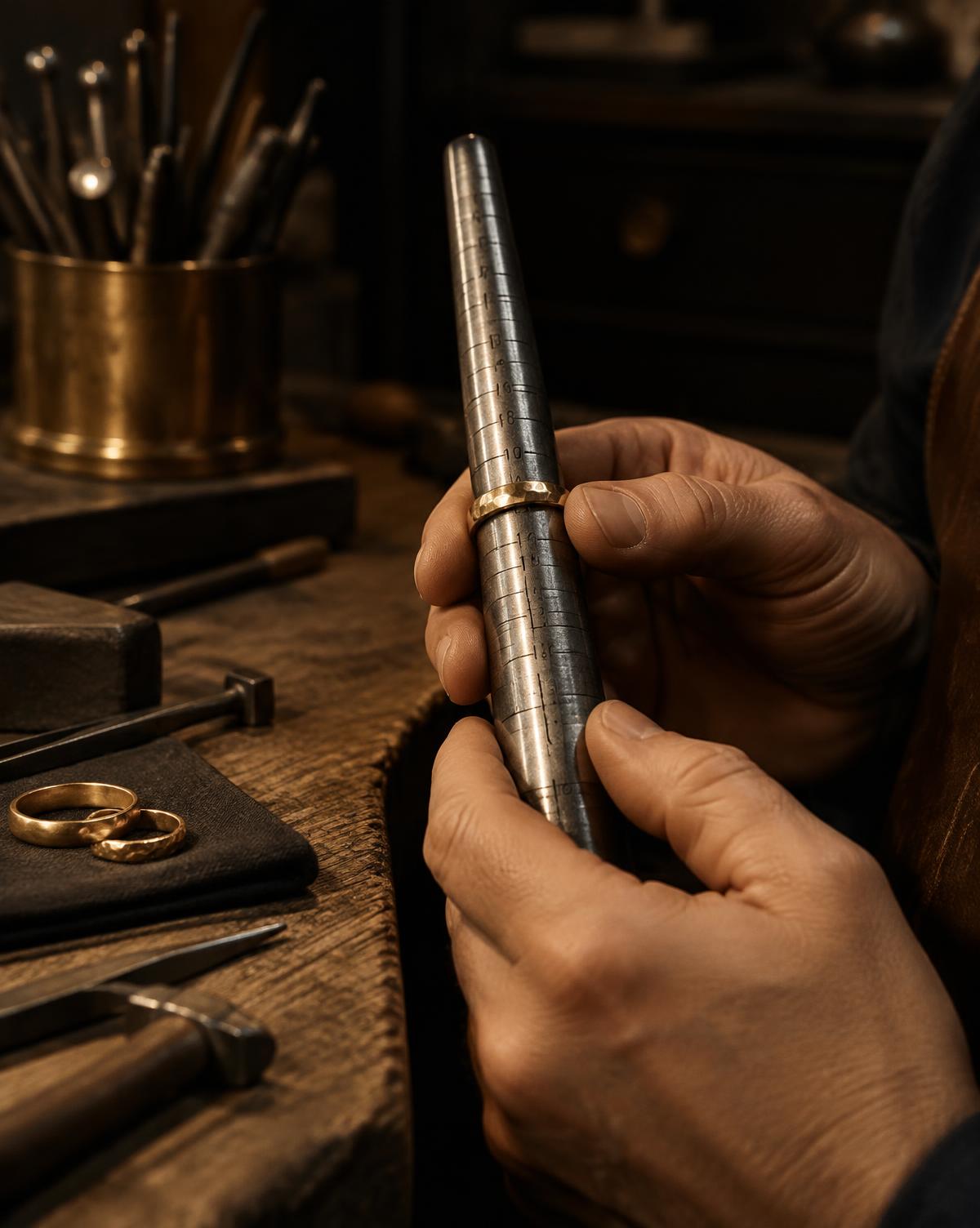 Jeweler sizing a gold ring on a steel ring mandrel